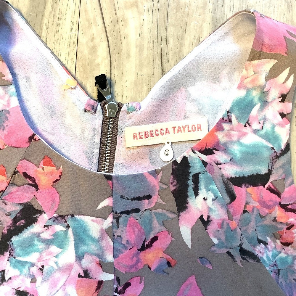 Rebecca Taylor Dress Gray Pink Floral Mai Tai Time Sleeveless Silk - Size 0